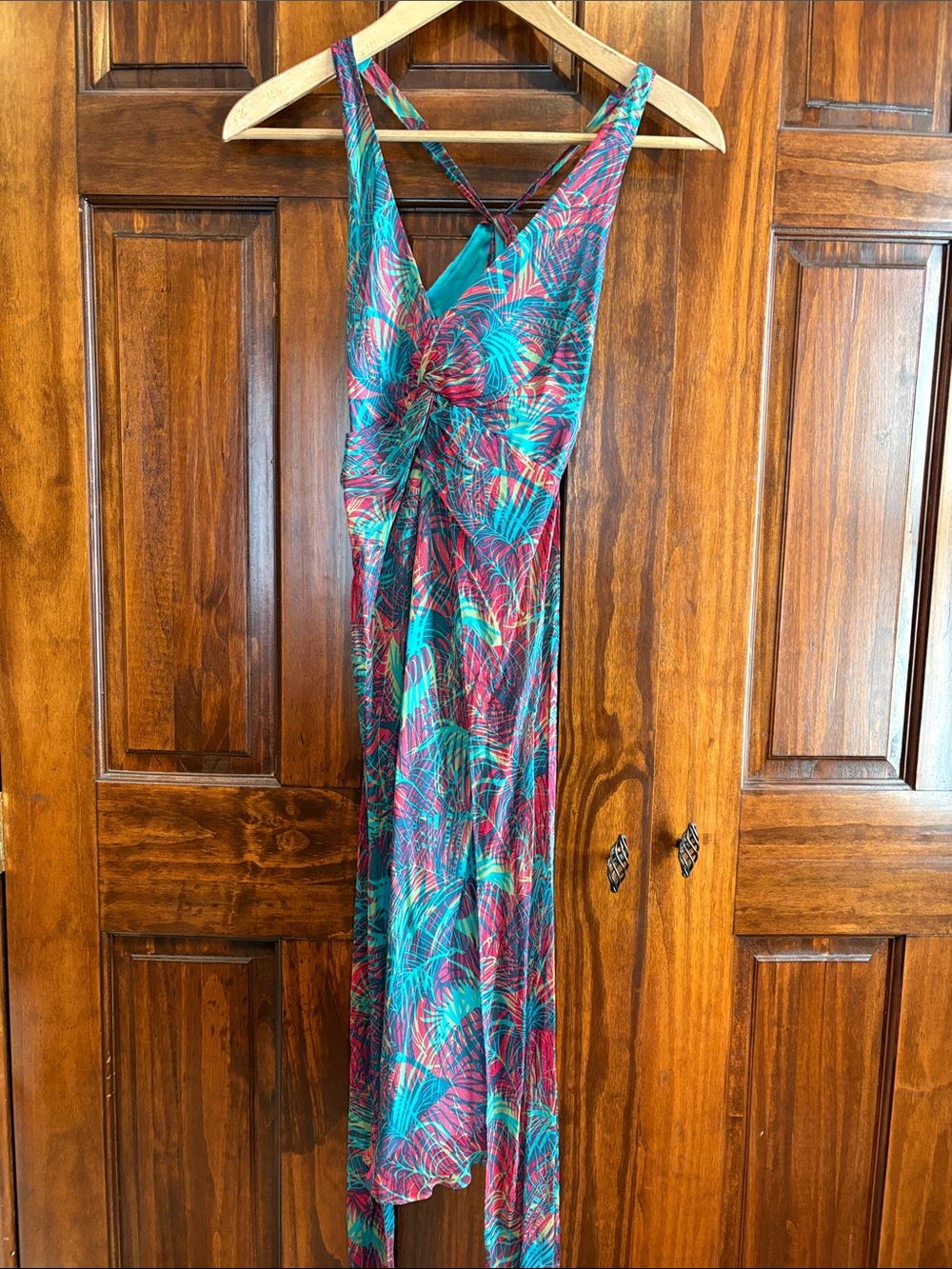 BCBGMaxAzria Teal and Magenta Tropical Print Midi Dress